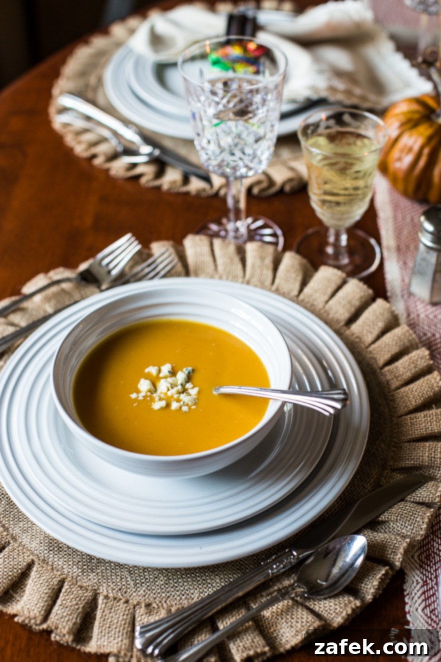 Delicious Roasted Butternut Squash Soup, perfect for Thanksgiving dinner