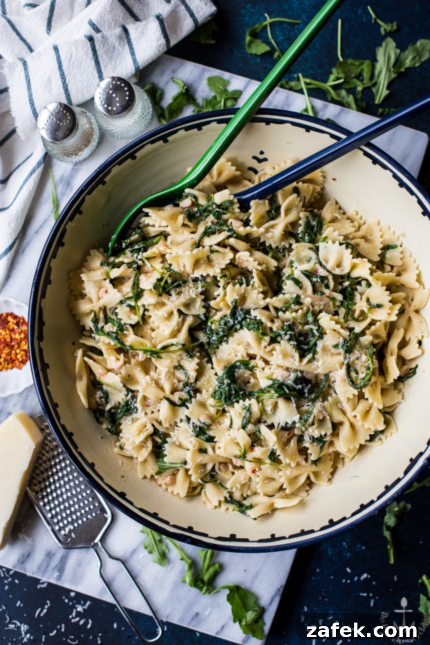 Overhead shot of Pasta with White Beans and Arugula