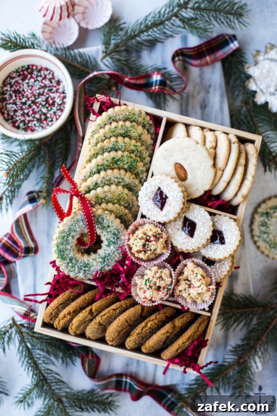 Festive assortment of homemade Christmas cookies in a beautifully arranged holiday cookie box.