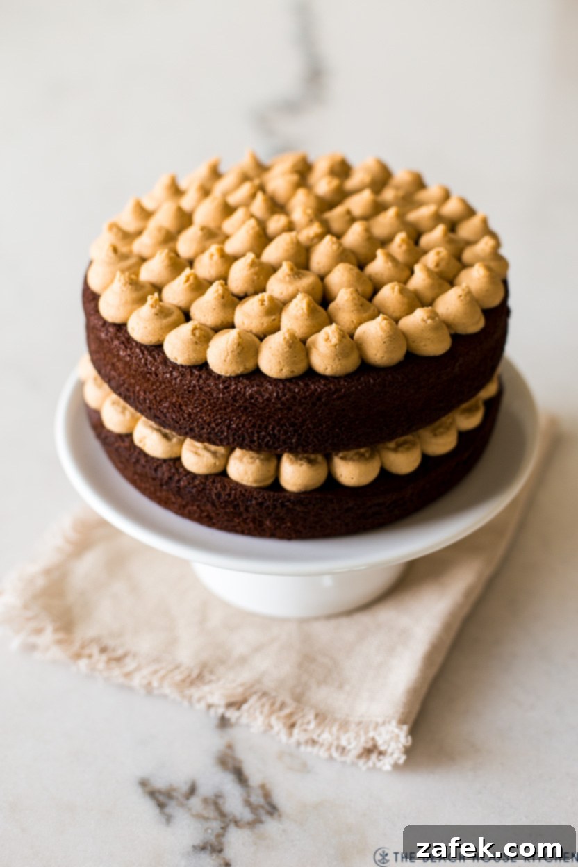A photo of a chocolate cake with peanut butter piped frosting on a white cake pedestal