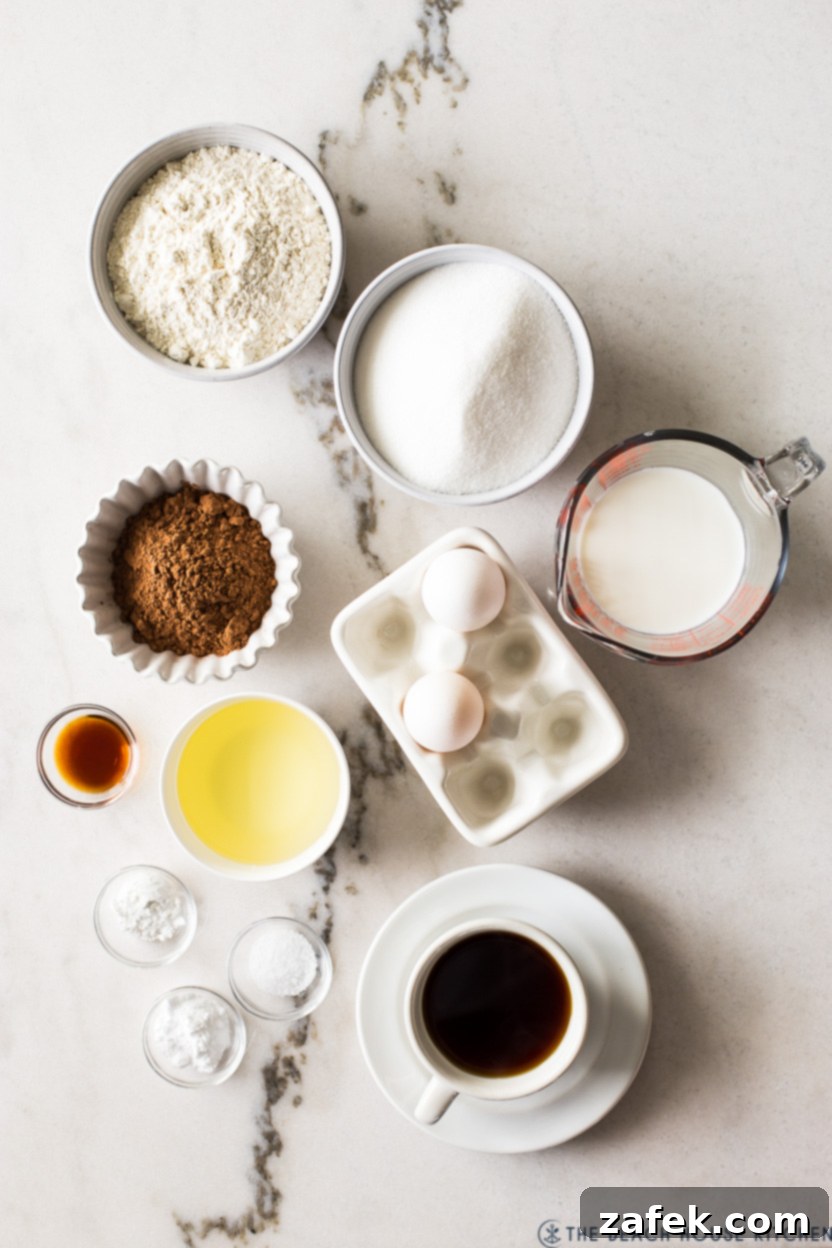 Overhead photo of ingredients for a chocolate cake