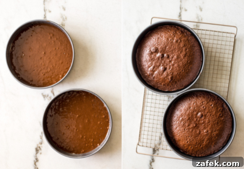 Diptich of two prebaked chocolate cake in round cake pans and baked chocolate cakes in cake pans