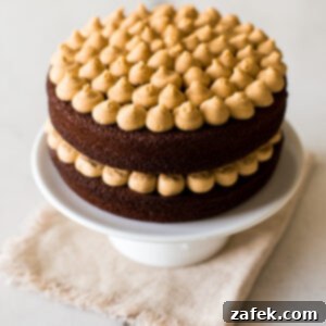 A chocolate layer cake with peanut butter frosting on a white cake pedestal