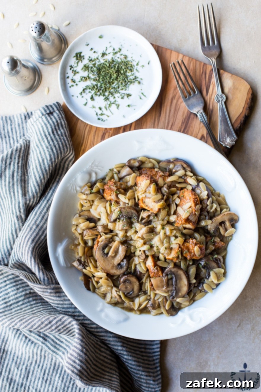 Chicken with Orzo Marsala Final plated dish of Chicken with Orzo Marsala, garnished and ready to be served.