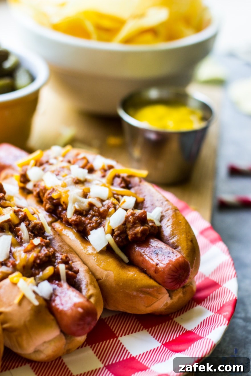 Classic Chili Dogs loaded with hearty chili and cheese