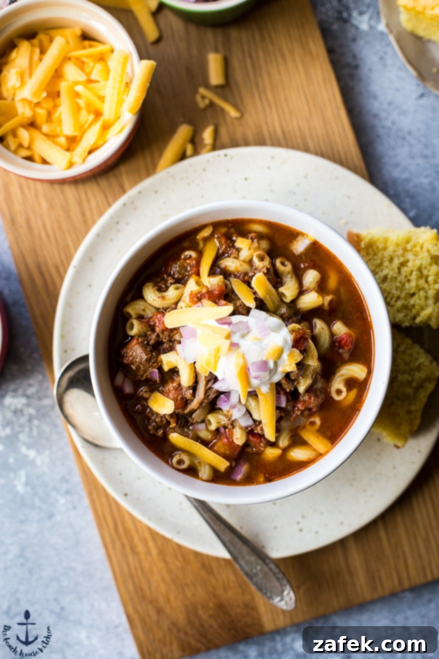 Hearty bowl of Uncle John's Chili Mac, a comforting blend of chili and macaroni