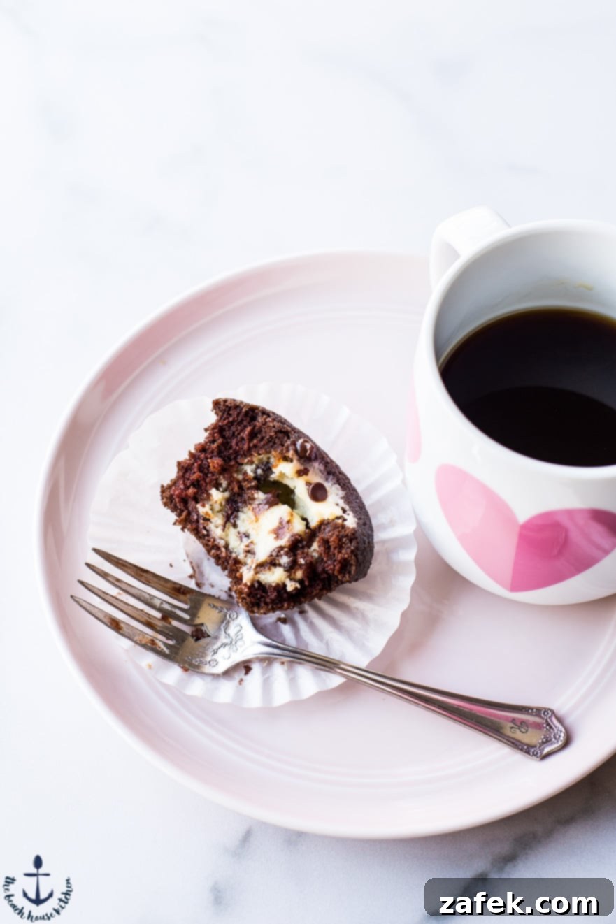 Black Bottom Cupcakes with Mini Chocolate Chips A Black Bottom Cupcake featuring a delicate sprinkle of mini chocolate chips on the cream cheese layer.