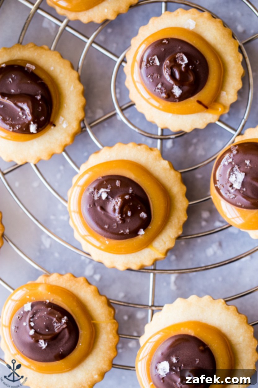 Copycat Twix Cookies 7 Up close overhead photo of Twix Cookies topped with sea salt