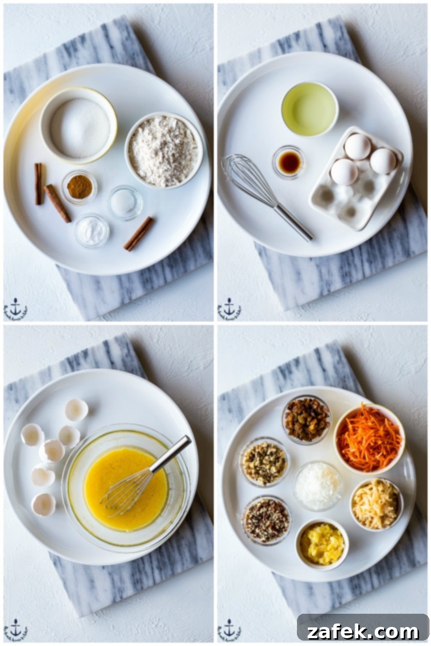 Sunrise Harvest Muffins 6 A vibrant collage of four photos showcasing the fresh, raw ingredients used to make Morning Glory Muffins, including grated carrots, apples, and nuts.