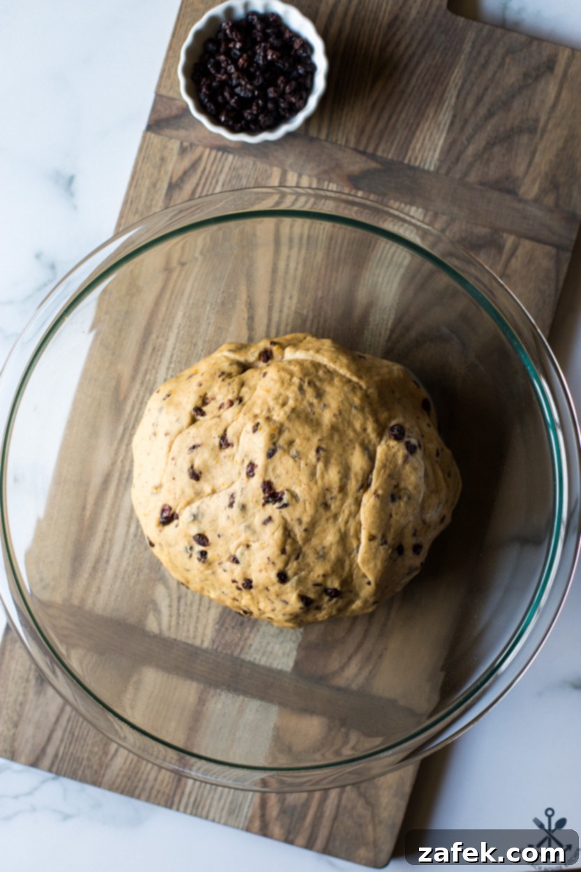 Spiced Easter Buns 6 An overhead view of a bowl filled with soft, elastic Hot Cross Bun dough, perfectly risen and ready for shaping.