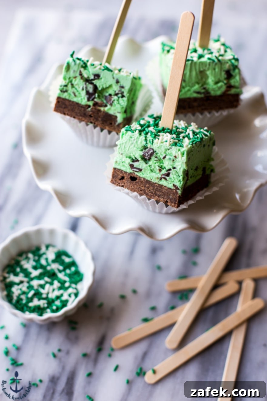 No Churn Mint Chocolate Chip Brownie Popsicles Close-up of No Churn Mint Chocolate Chip Brownie Popsicles on a plate