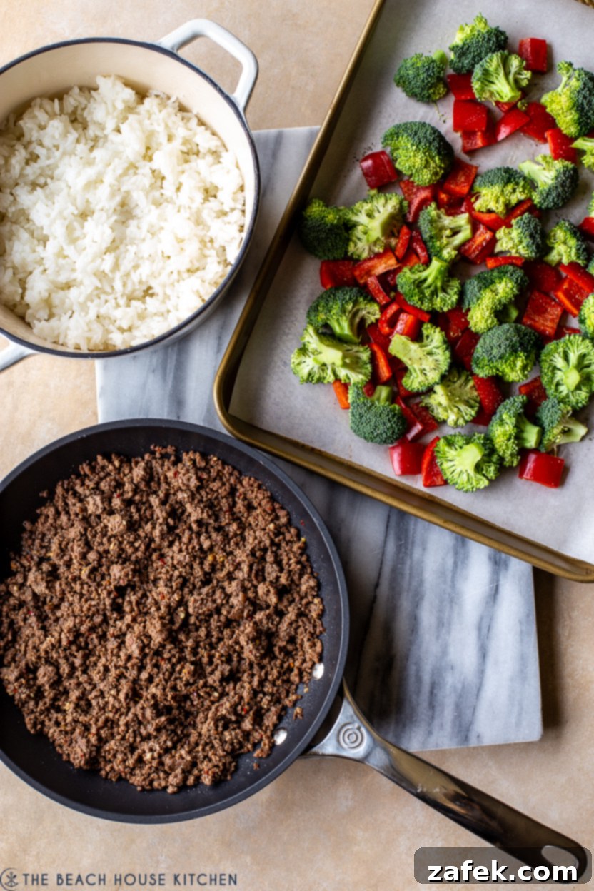 Overhead photo of ingredients for Korean Beef with Broccoli and Peppers and white rice