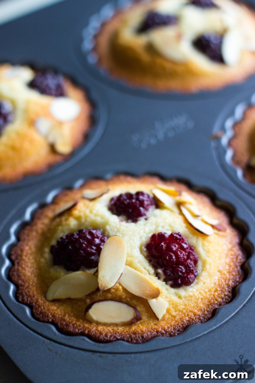 Elegant Blackberry Almond Bites 5 Up close photo of a French pastry, an Almond Blackberry Financier, topped with golden sliced almonds and vibrant blackberries