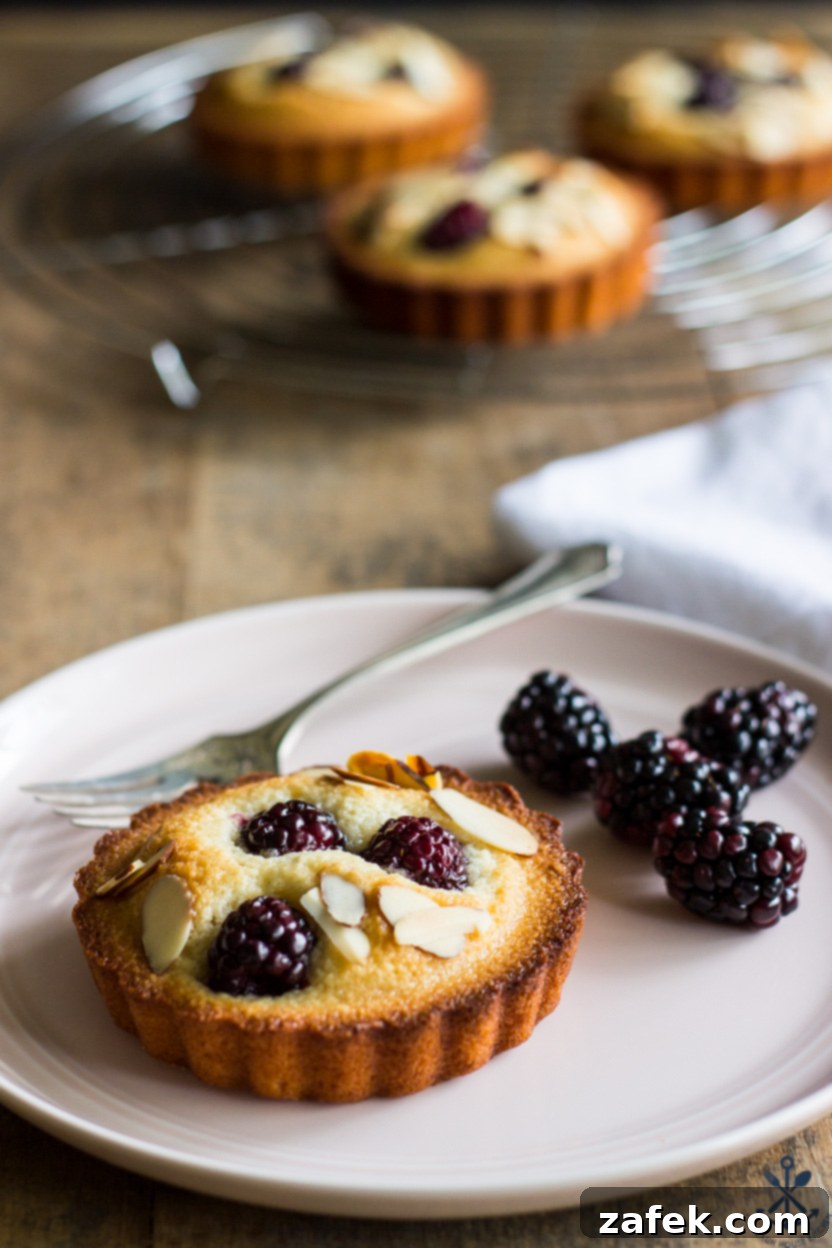 Elegant Blackberry Almond Bites 7 A beautifully presented financier on a charming pink plate, accompanied by a silver fork and a scattering of fresh blackberries
