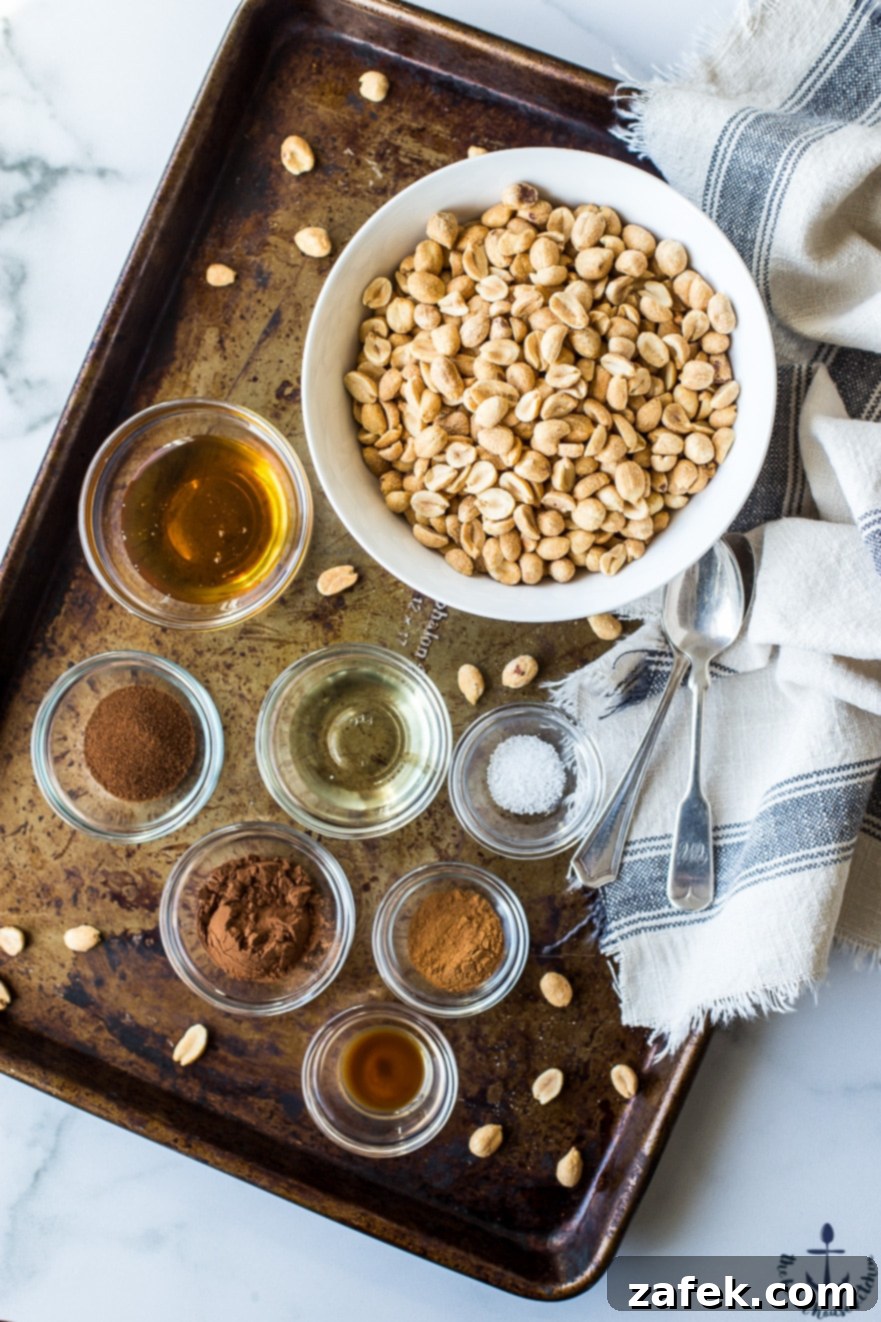 Barista Blend Peanut Butter 4 An overhead shot showcasing all the essential ingredients for making delicious Cappuccino Peanut Butter, neatly arranged in bowls on a baking sheet, ready for preparation.