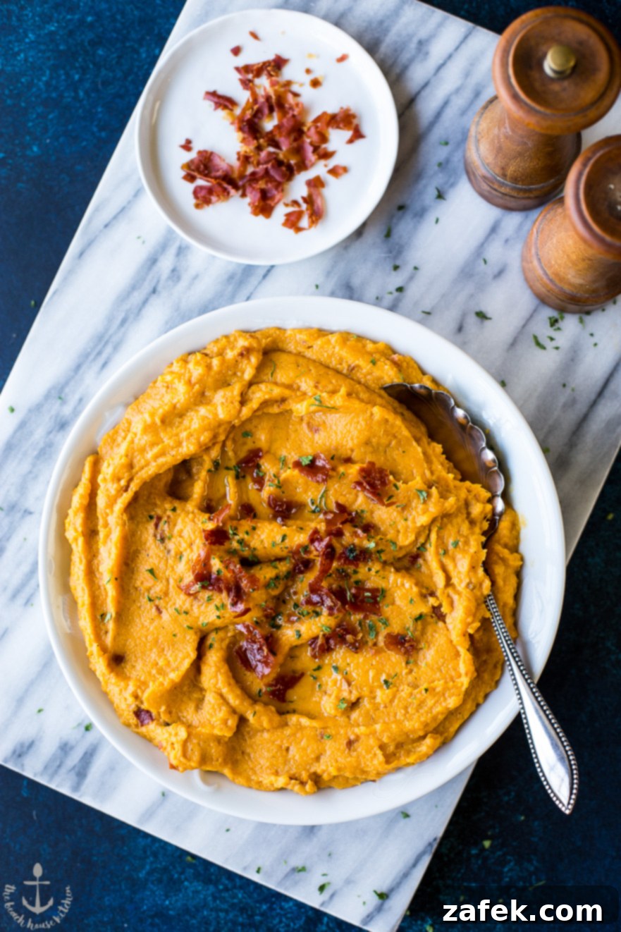 Heavenly Sweet Potato Mash with Prosciutto Crunch 2 Overhead photo of mashed sweet potatoes topped with crispy prosciutto, ready to serve