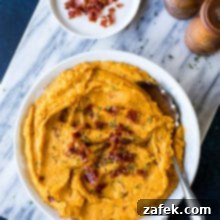 Heavenly Sweet Potato Mash with Prosciutto Crunch 6 Overhead photo of mashed sweet potatoes topped with crispy prosciutto