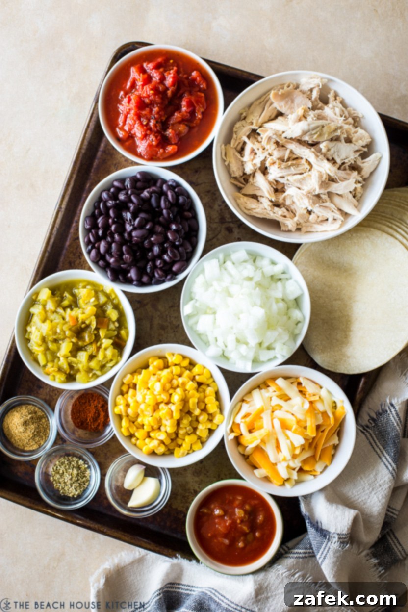 Southwestern Chicken Tortilla Bake 4 Overhead photo of organized ingredients for a chicken black bean tortilla casserole, including fresh cilantro, spices, canned goods, and shredded cheese