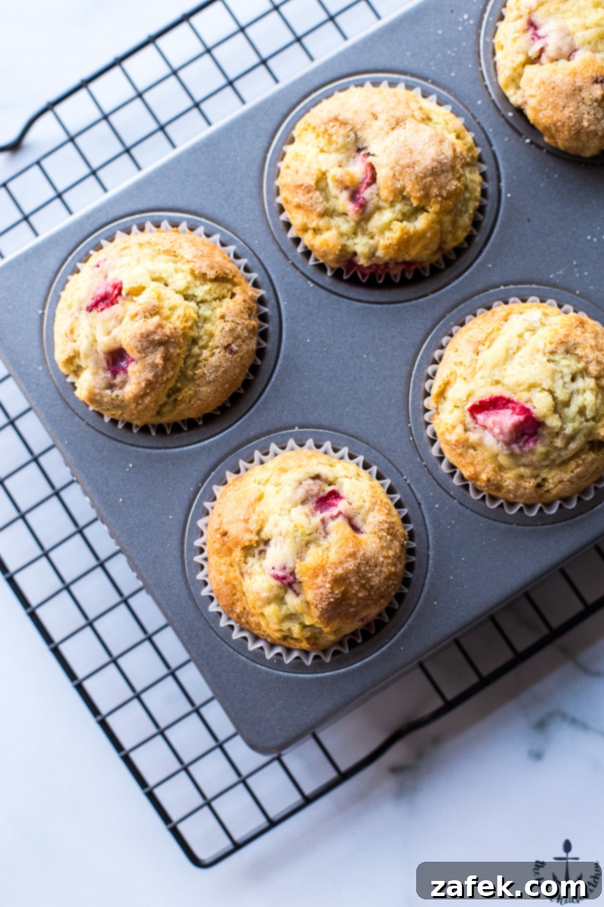 Sunshine Strawberry Lemon Muffins 3 An overhead view of golden-brown strawberry lemon muffins baked perfectly in a muffin pan, showcasing their domed tops and inviting texture.