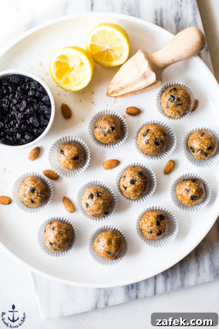 Several blueberry lemon breakfast bites presented elegantly on a minimalist white plate, ready to be enjoyed as a wholesome snack.