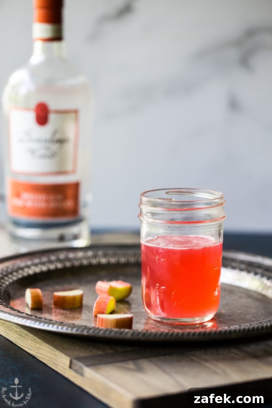 Another perspective of the radiant pink Spiced Rhubarb Collins, emphasizing its delightful color and presentation, ideal for spring and summer celebrations.