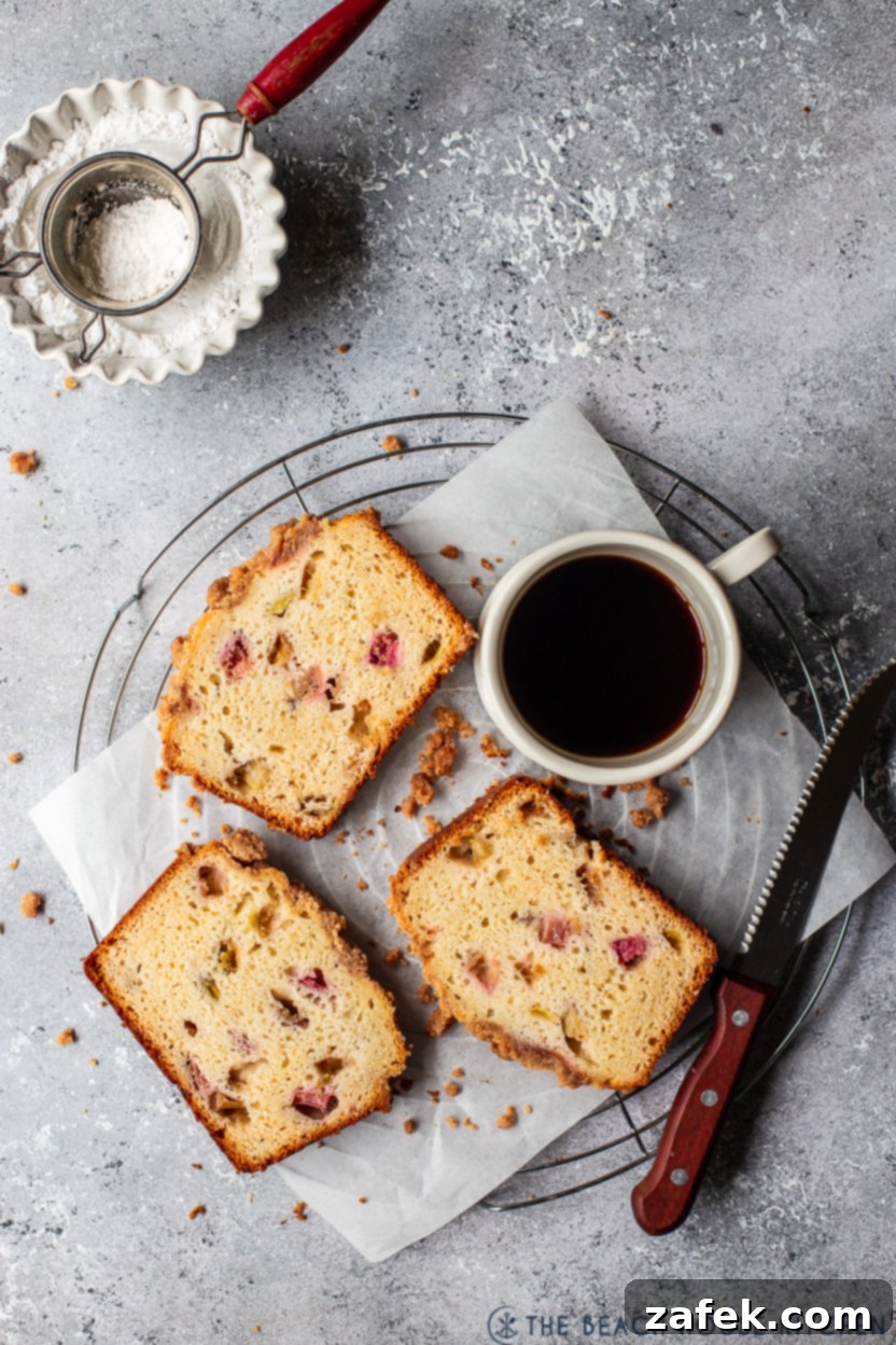 Overhead photo of a few slices of rhubarb crumb loaf