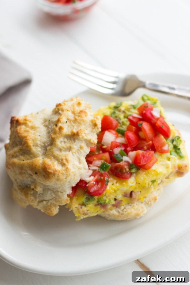 Easy Egg Bake Breakfast Sandwich with Fresh Pico de Gallo served on a biscuit