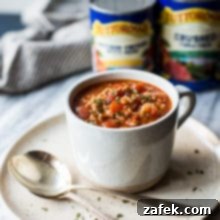 A mug of stuffed pepper soup on a plate with two spoons