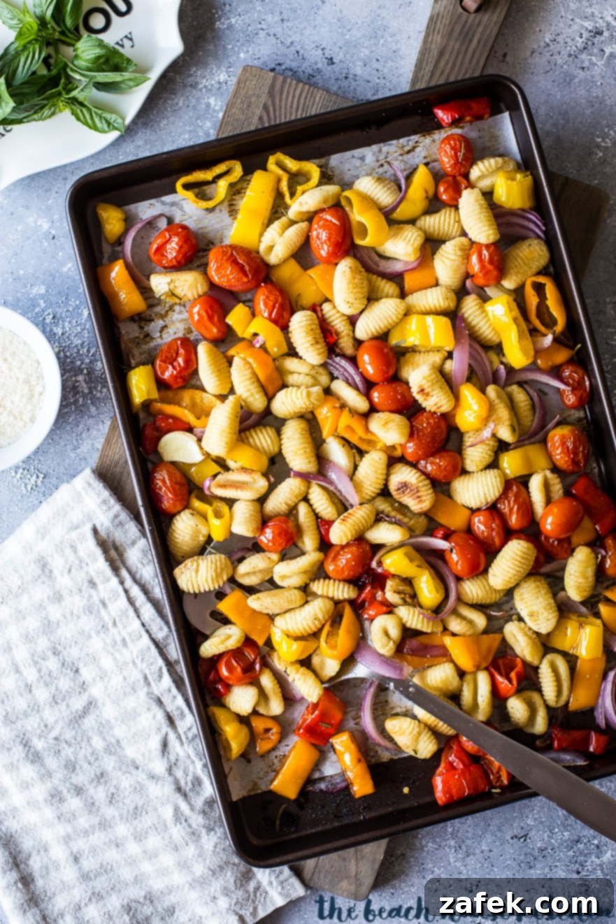 Golden Gnocchi and Veggies Sheet Pan Supper 2 Overhead photo of sheet pan gnocchi and veggies