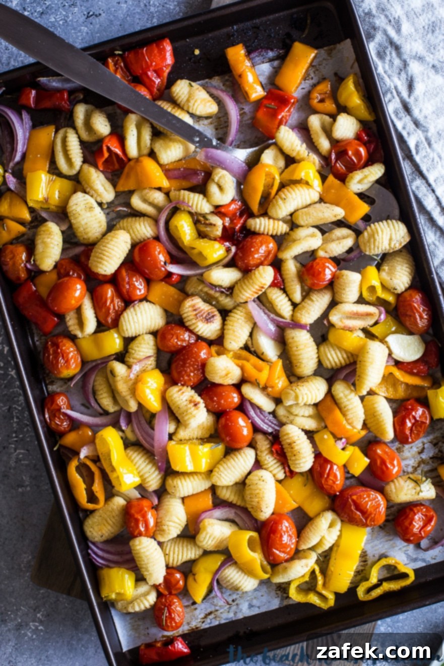 Golden Gnocchi and Veggies Sheet Pan Supper 3 Overhead photo of sheet pan gnocchi and veggies