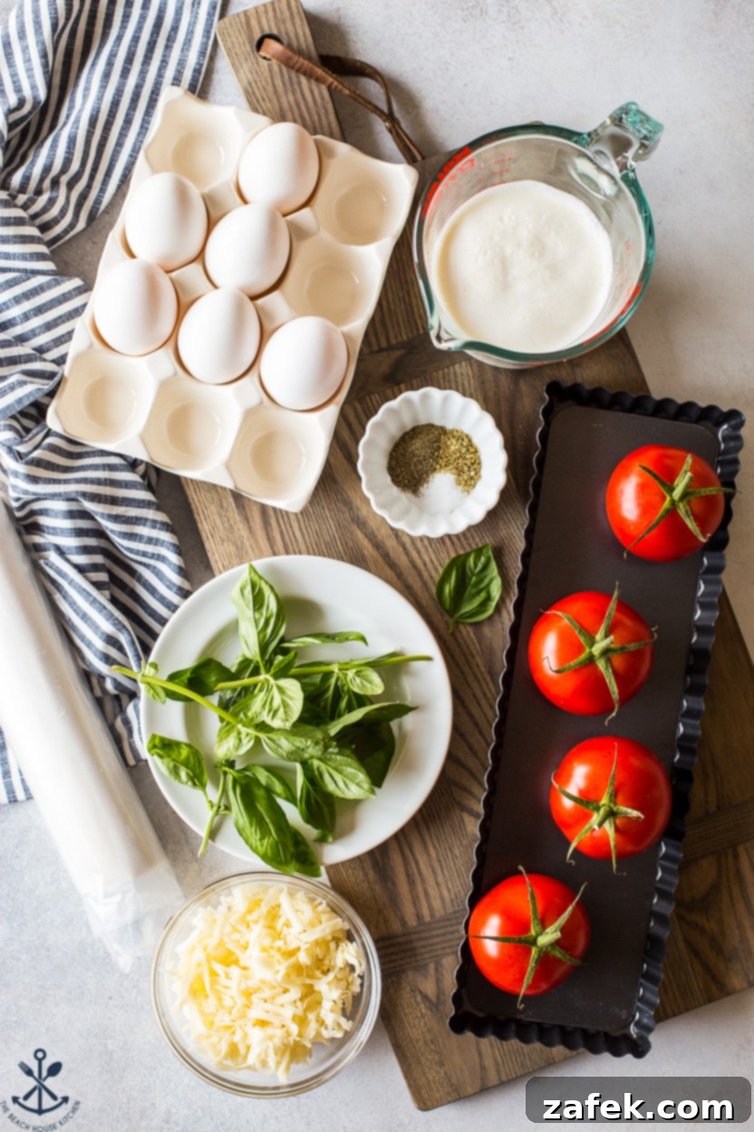A slice of Tomato Basil Tart, ready to be served, showing its golden crust.