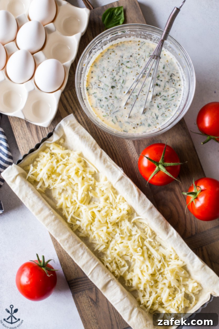 All the fresh ingredients laid out before assembling the Tomato Basil Tart.