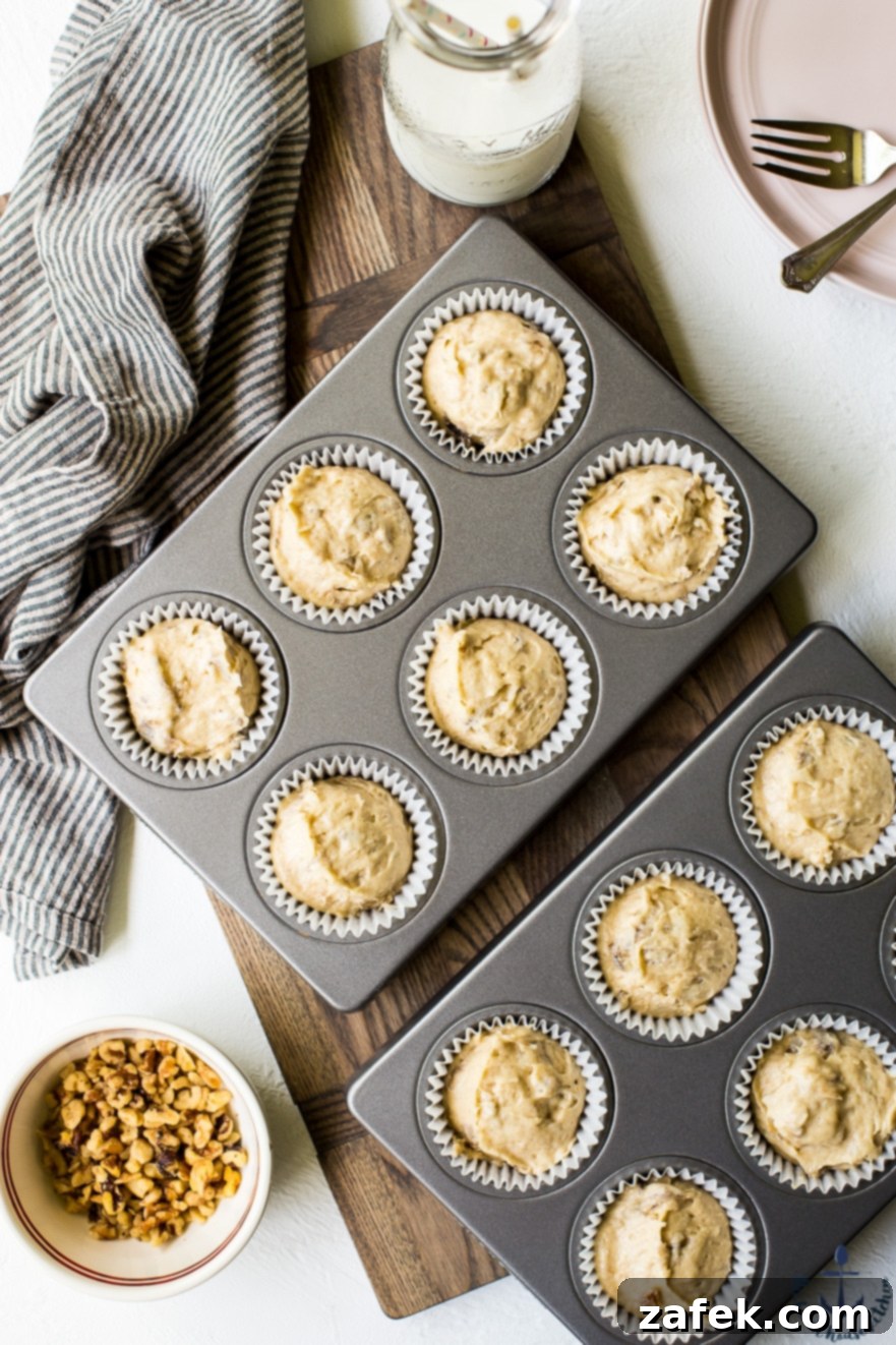 Choco-Banana Bliss Cupcakes 4 Overhead photo of prebaked banana cupcakes in muffin tins