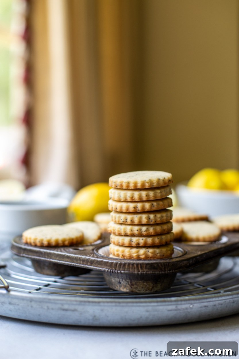 Zesty Lemon Poppyseed Shortbread 3 Photo of a stack of lemon poppyseed shortbread cookies