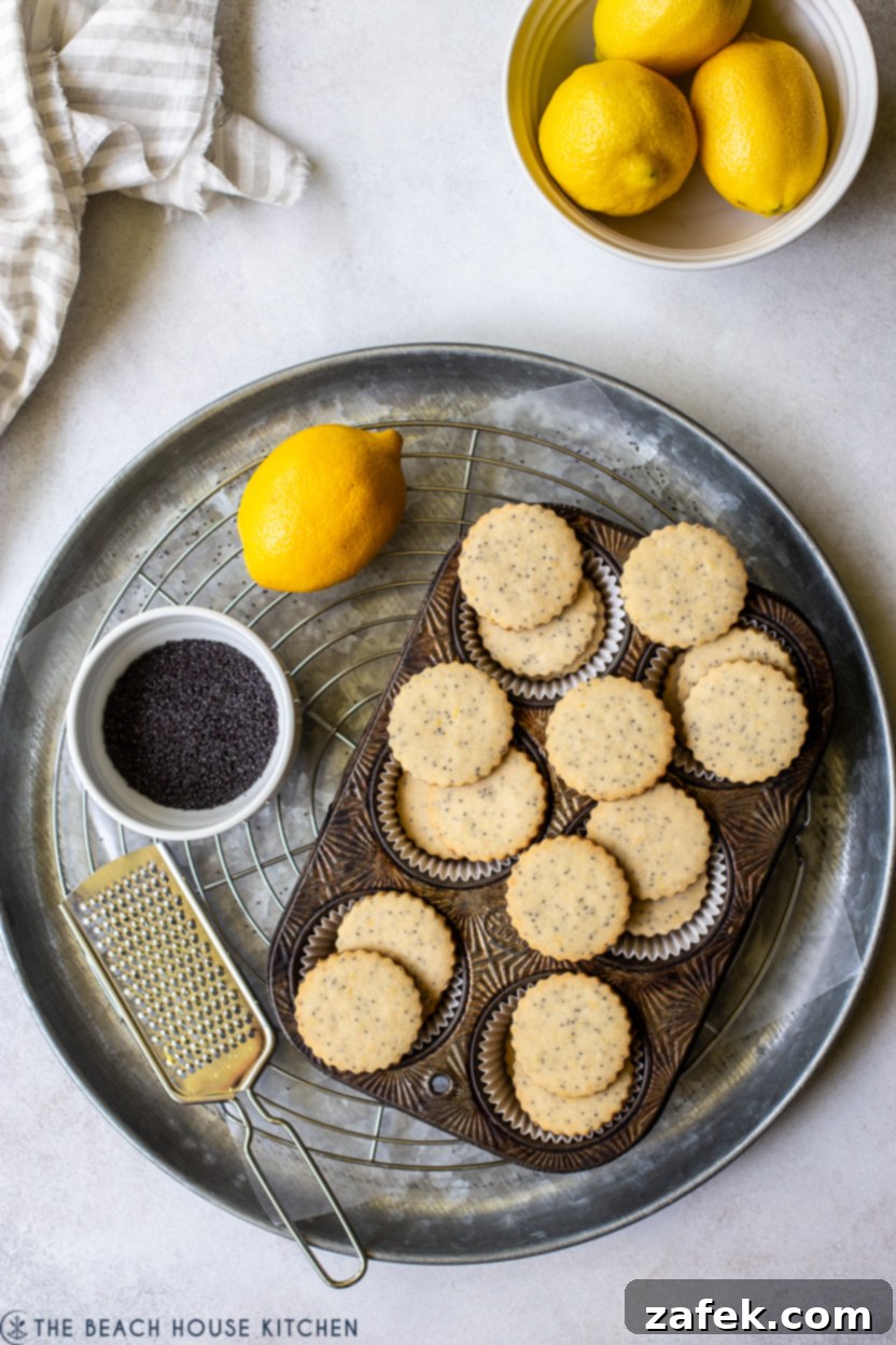 Zesty Lemon Poppyseed Shortbread 5 Overhead photo of lemon poppyseed shortbread cookies on a round silver tray
