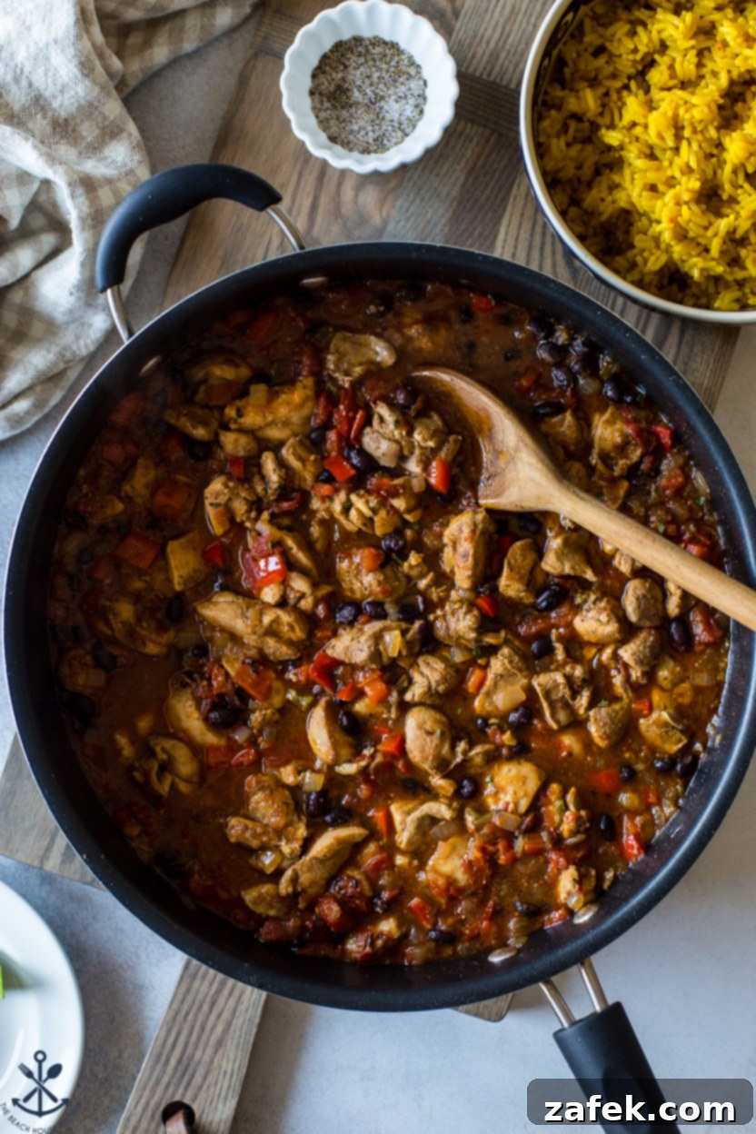 Overhead photo of a plated Cuban Spiced Chicken and Rice dish, garnished with cilantro and lime