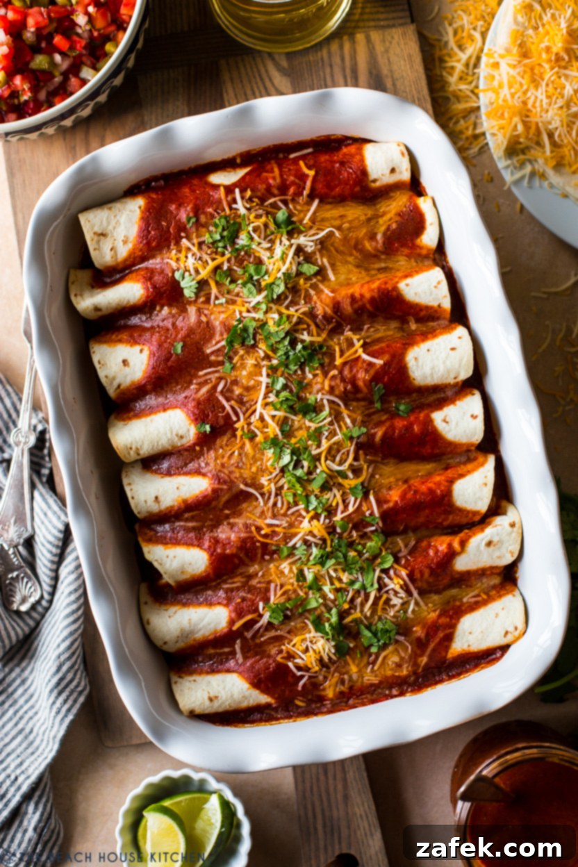 Effortless Homemade Beef Enchiladas 3 Overhead photo of a pan of enchiladas