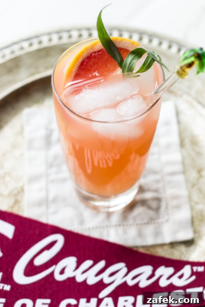 The Charleston Sparkle 5 Close-up of a refreshing Charleston Fizz cocktail with tarragon garnish.