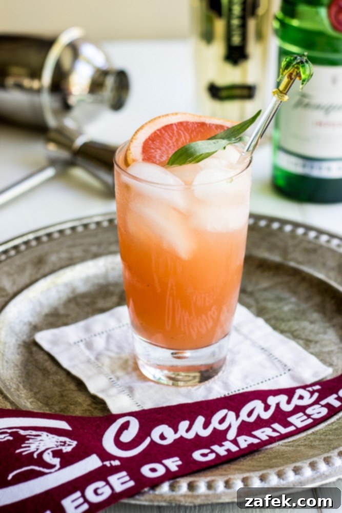 The Charleston Sparkle 6 The Charleston Fizz cocktail, sparkling and ready to be enjoyed, with a soft focus background.