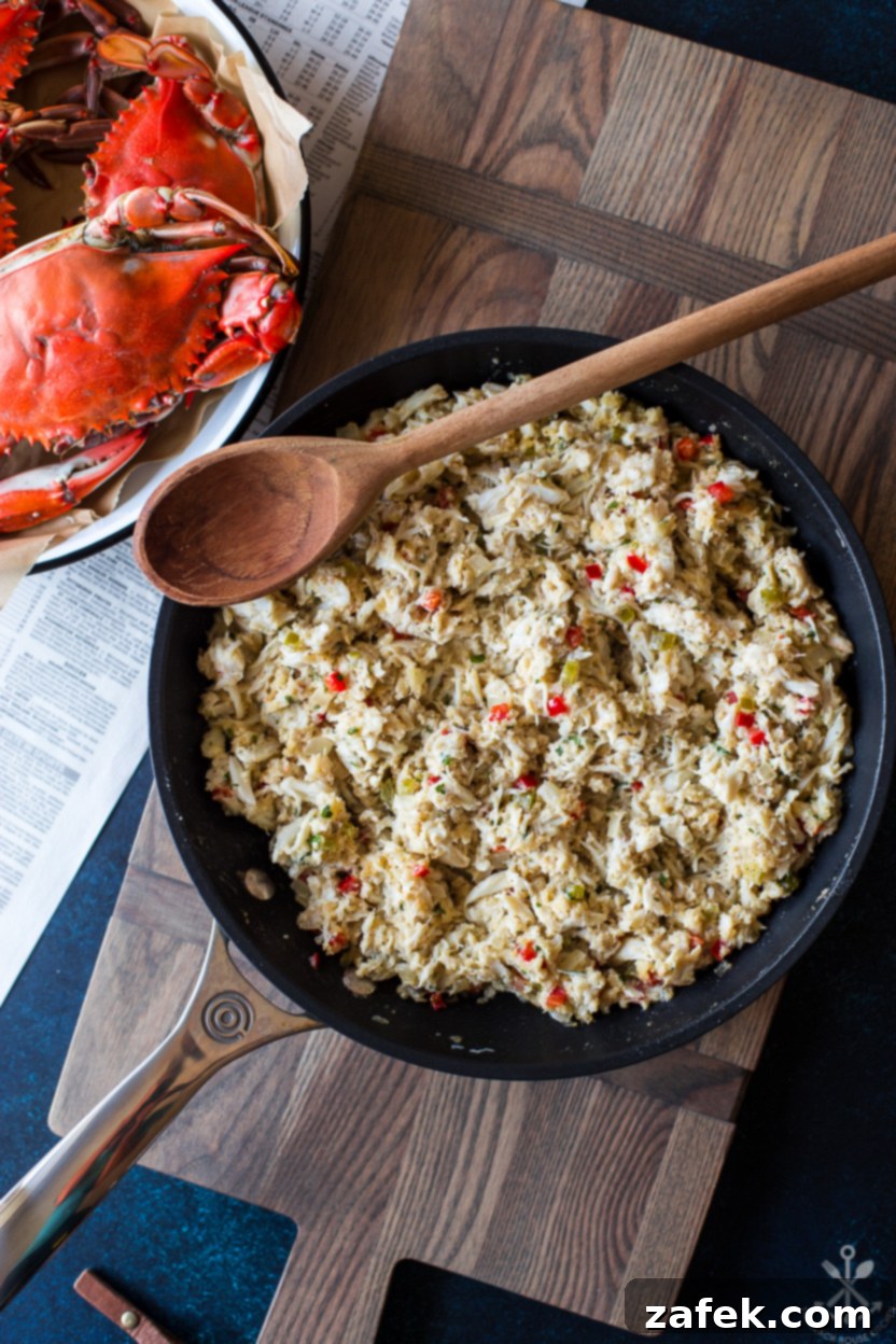 Fiery Crab Bake 4 Overhead photo of a skillet of deviled crabment