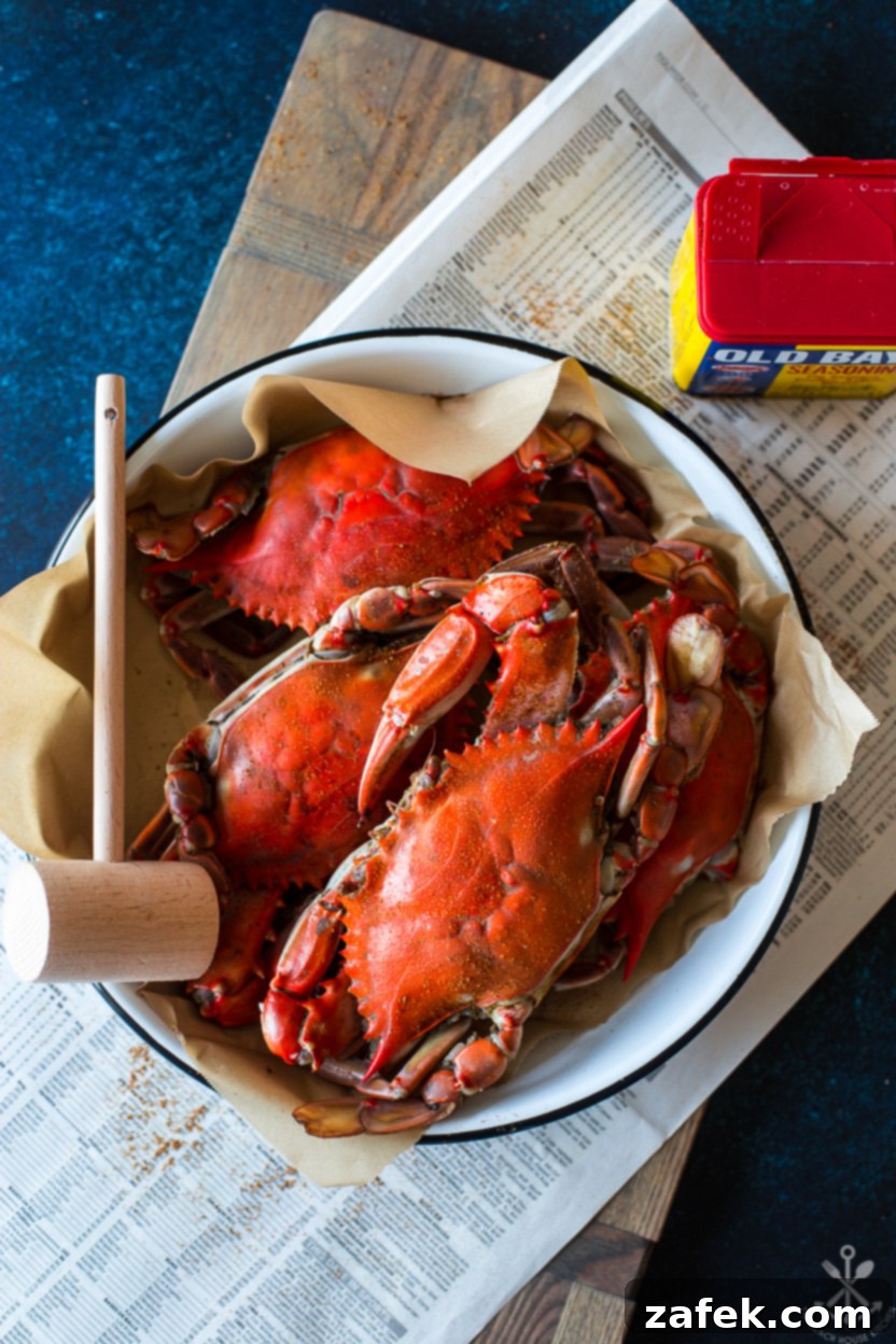 Fiery Crab Bake 5 Overhead photo of a enamel pan with cooked crabs