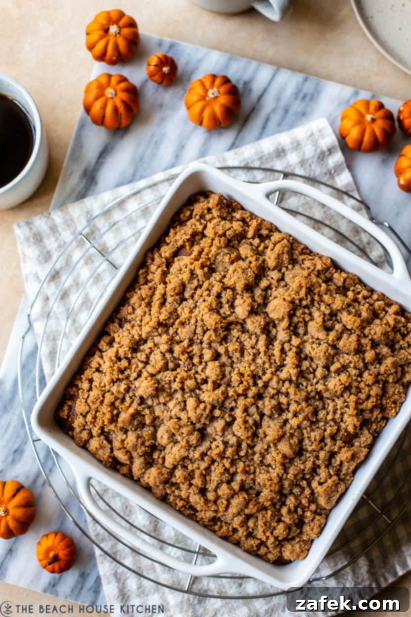 Up close overhead photo of a pumpkin crumb snack cake, showcasing the generous crumb topping