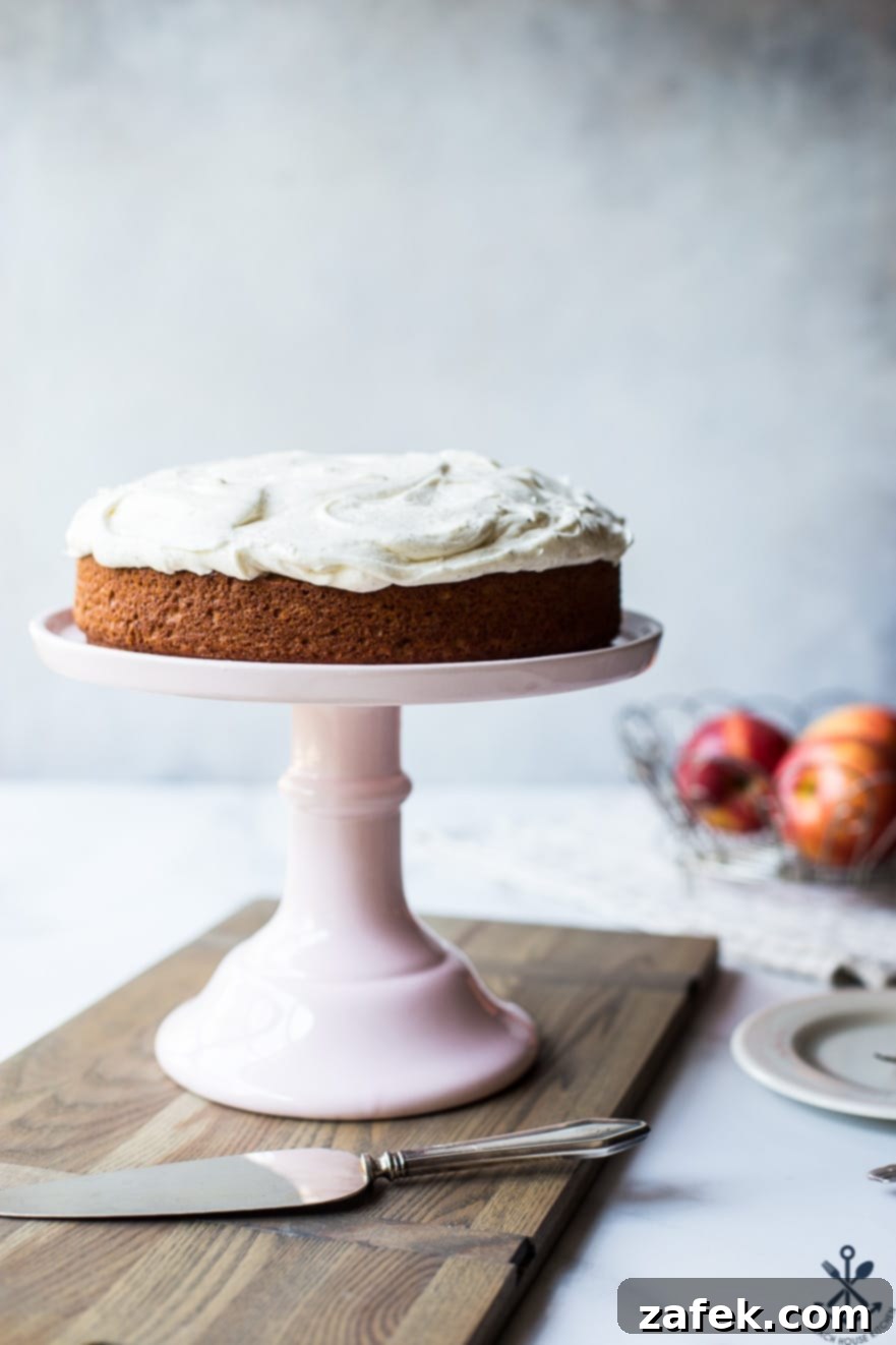 A stunning full view of the Applesauce Cake adorned with Vanilla Bean Frosting, elegantly displayed on a vibrant pink cake stand, highlighting its festive appeal.