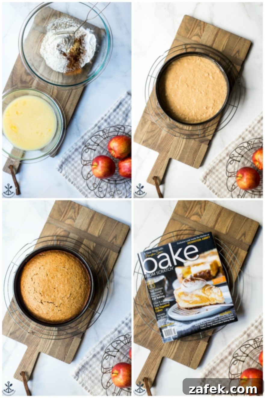 A collage of four sequential photos illustrating the key steps in preparing the Applesauce Cake with Vanilla Bean Frosting, making the baking process easy to follow and visually guided.