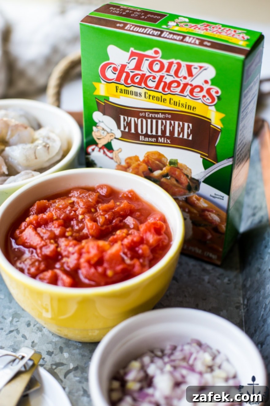 Louisiana Etouffee Shrimp Puffs 4 Box of Tony Chachere's Etouffee mix with a bowl of chopped tomatoes