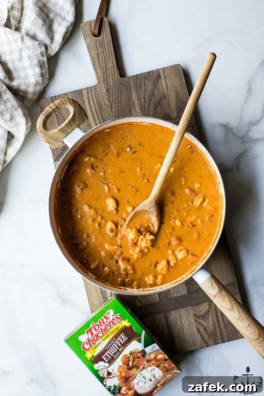 Louisiana Etouffee Shrimp Puffs 5 Overhead photo of shrimp etouffee in a skillet