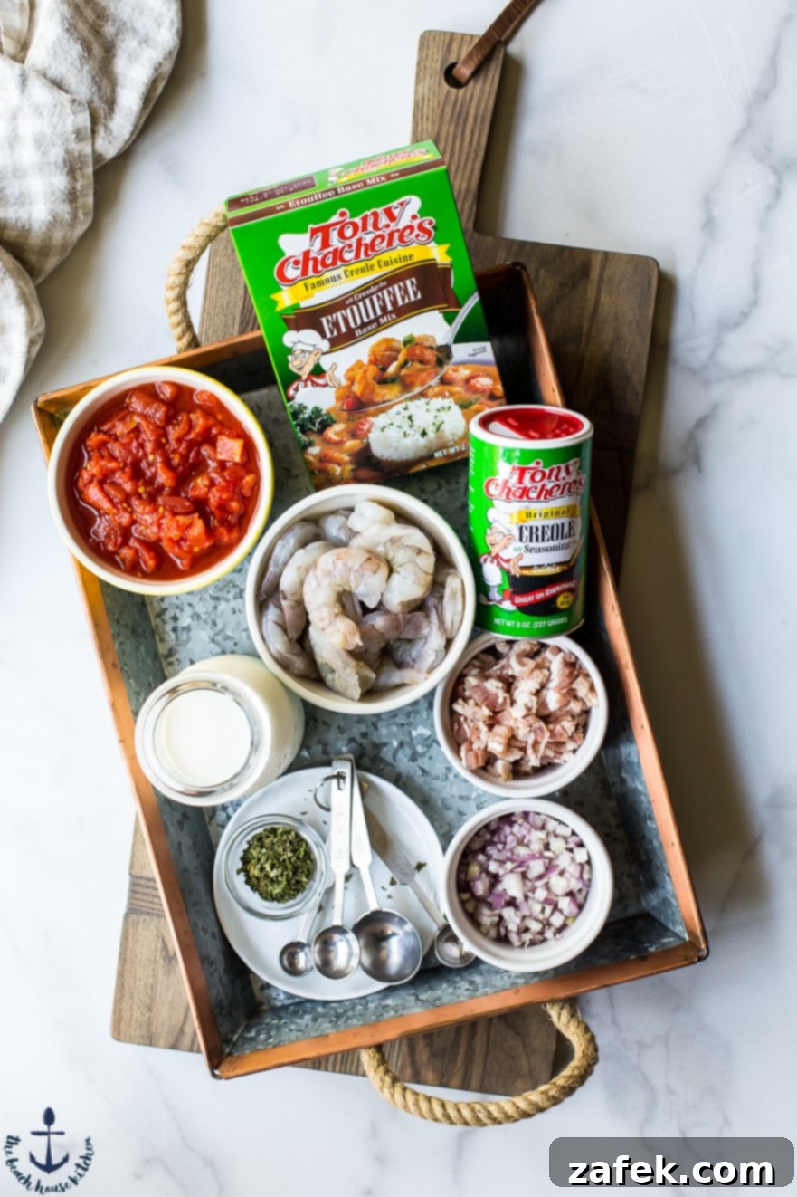 Louisiana Etouffee Shrimp Puffs 8 Overhead photo of shrimp etouffee ingredients in a silver tray