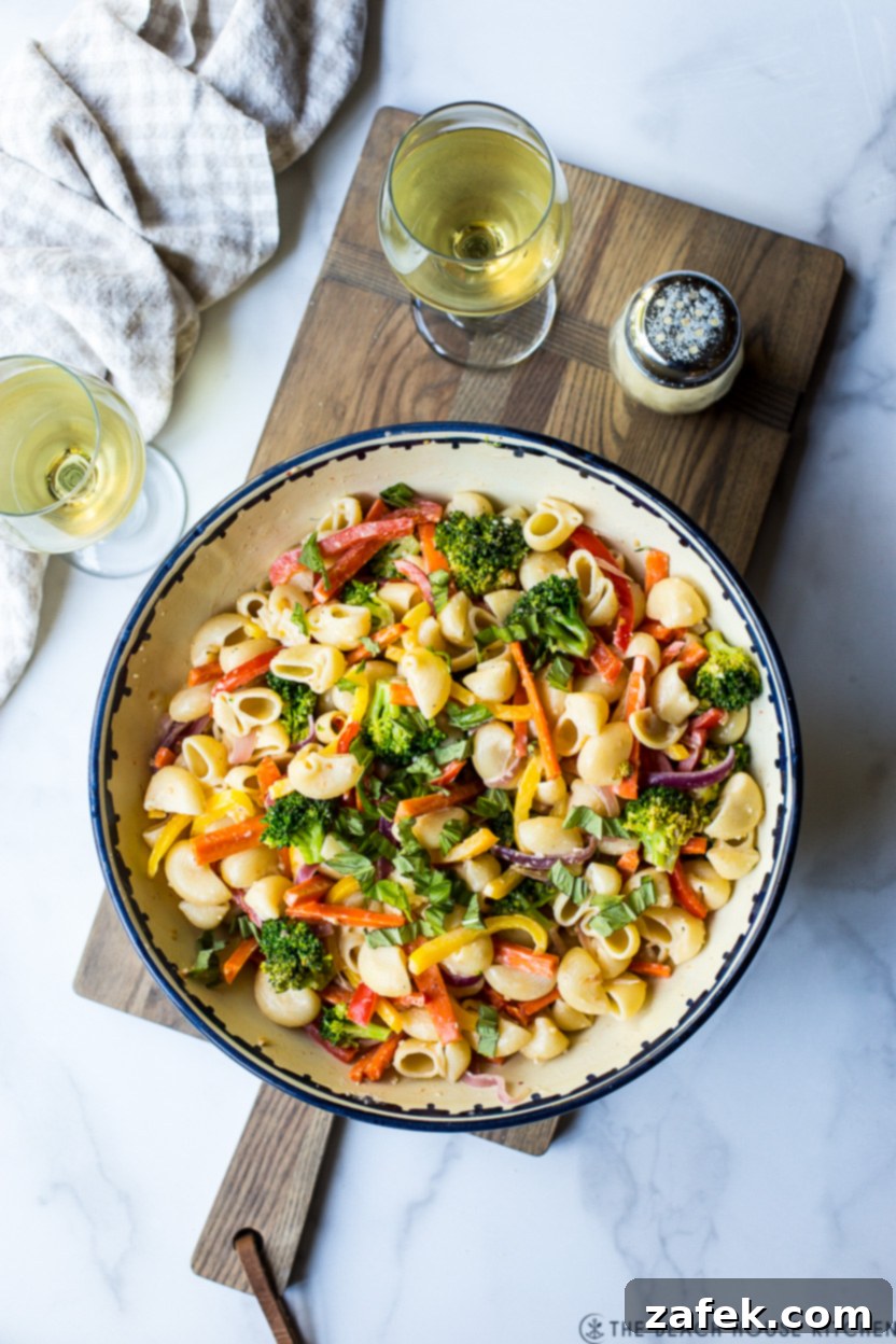 Spring Vegetable Pasta 6 Overhead photo of a bowl of pasta primavera, ready to be served