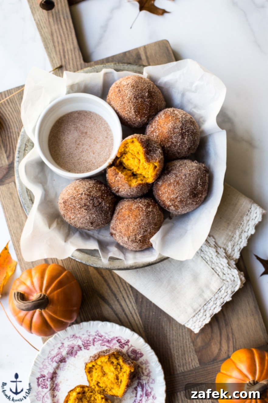 Overhead photo of cinnamon sugared pumpkin fritters in a dish