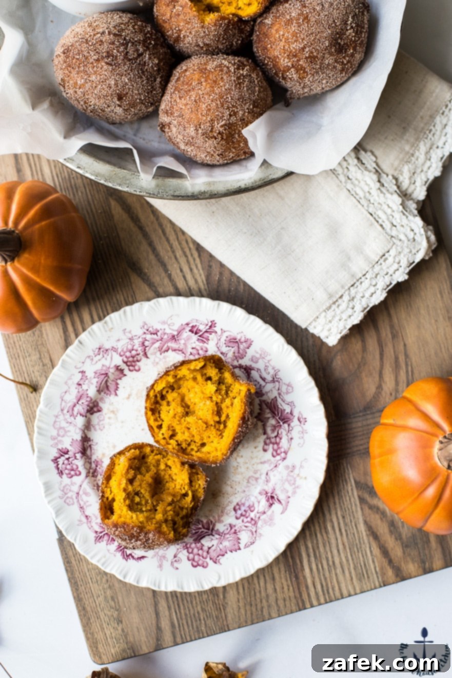Overhead photo of split open cinnamon sugared pumpkin fritter on a plate